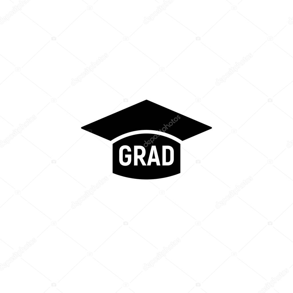 Isolated black and white color bachelor hat with word grad logo, students graduation uniform logotype, education element vector illustration.