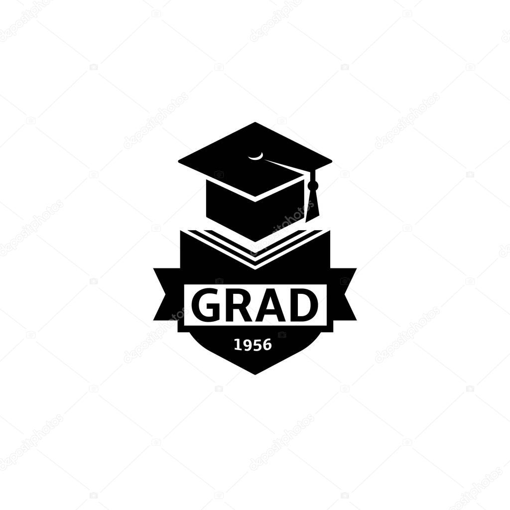 Isolated black and white color bachelor hat of books logo on white background, students graduation uniform logotype, education element vector illustration.