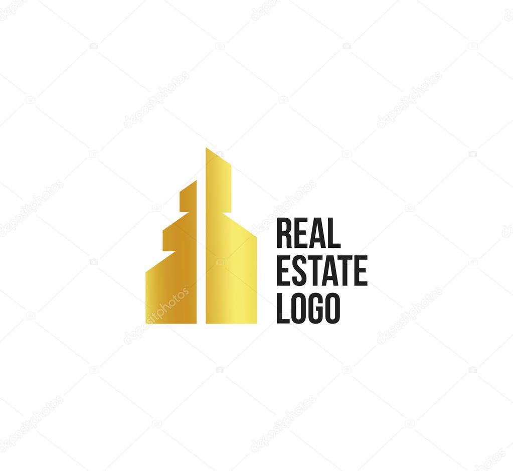Isolated golden real estate agency logo, house logotype on white, home concept icon,skyscraper vector illustration.