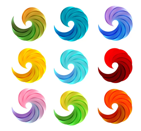 Isolated abstract colorful swirl logos set on white background vector illustration, waves logotypes collection,circular shape loading emblems — Stock Vector