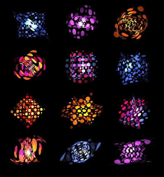 Samostatný abstraktní barevné neobvyklý tvar loga sady bubliny, tečkované kolekce logo na černém pozadí vektorové ilustrace — Stockový vektor