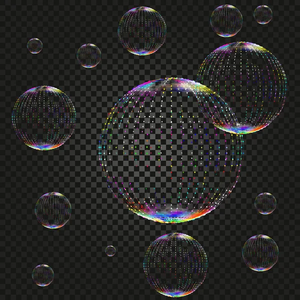 Burbujas de agua de jabón vectorial sobre fondo oscuro, elementos de diseño realistas aislados transparentes sobre fondo a cuadros ilustración — Vector de stock