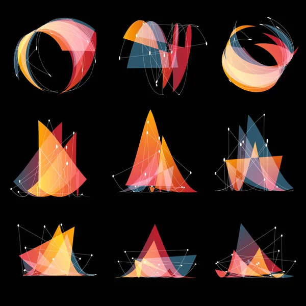 Izolované abstraktní růžové barvy různých tvar loga trojúhelníků set, geometrické prvky, low poly styl s tečkami na černém pozadí vektorové ilustrace — Stockový vektor