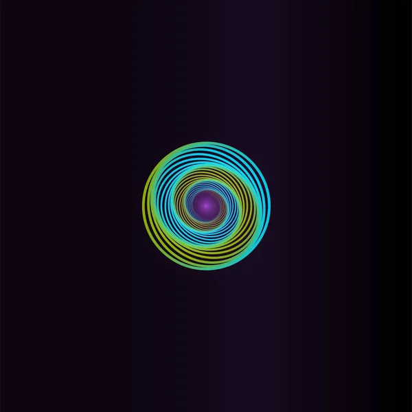 Logo de forma redonda abstracta aislada, elemento espacial, logotipo de remolino, icono del planeta en la ilustración del vector de fondo negro — Archivo Imágenes Vectoriales