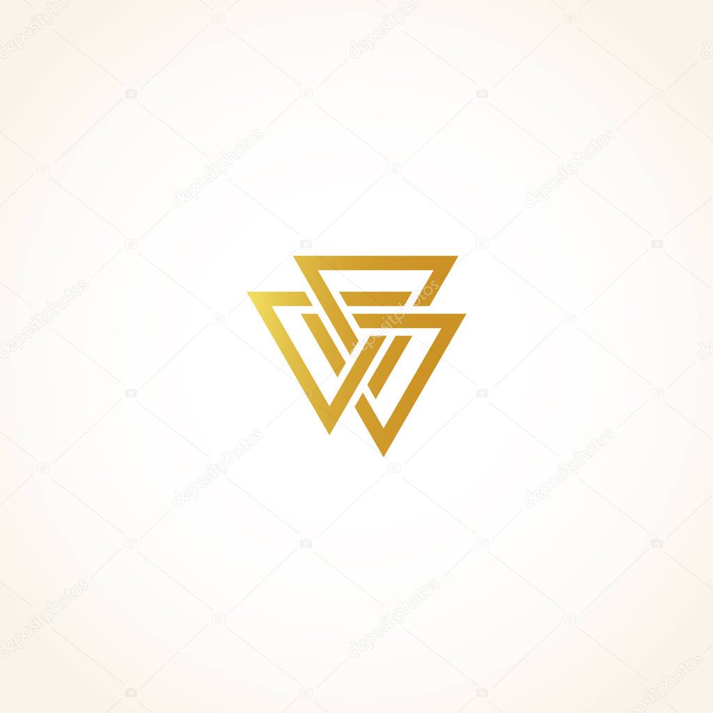 Isolated abstract golden color triangles contour logo on black background, geometric triangular shape logotype, gold luxury decoration vector illustration