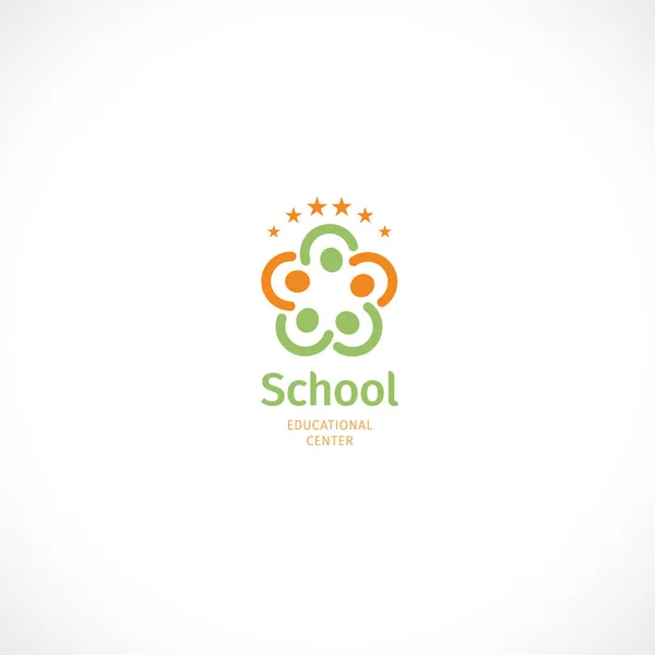 Logo de flores de color verde y naranja abstracto aislado, logotipo del centro educativo con la palabra escuela en la ilustración del vector de fondo blanco — Archivo Imágenes Vectoriales