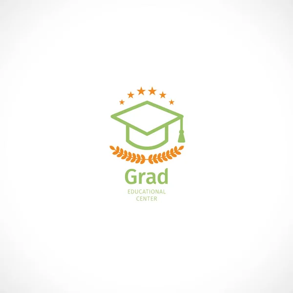 Изолированный абстрактный оранжевый и зеленый цвет логотип выпускника шапки, стилизованная миномётная доска, логотип образовательного центра на белом фоне — стоковый вектор