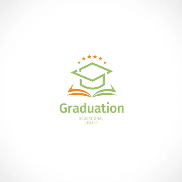 Изолированный абстрактный оранжевый и зеленый цвет логотип выпускника шапки, стилизованный миномёт с открытой книгой, логотип образовательного центра на белом фоне — стоковый вектор