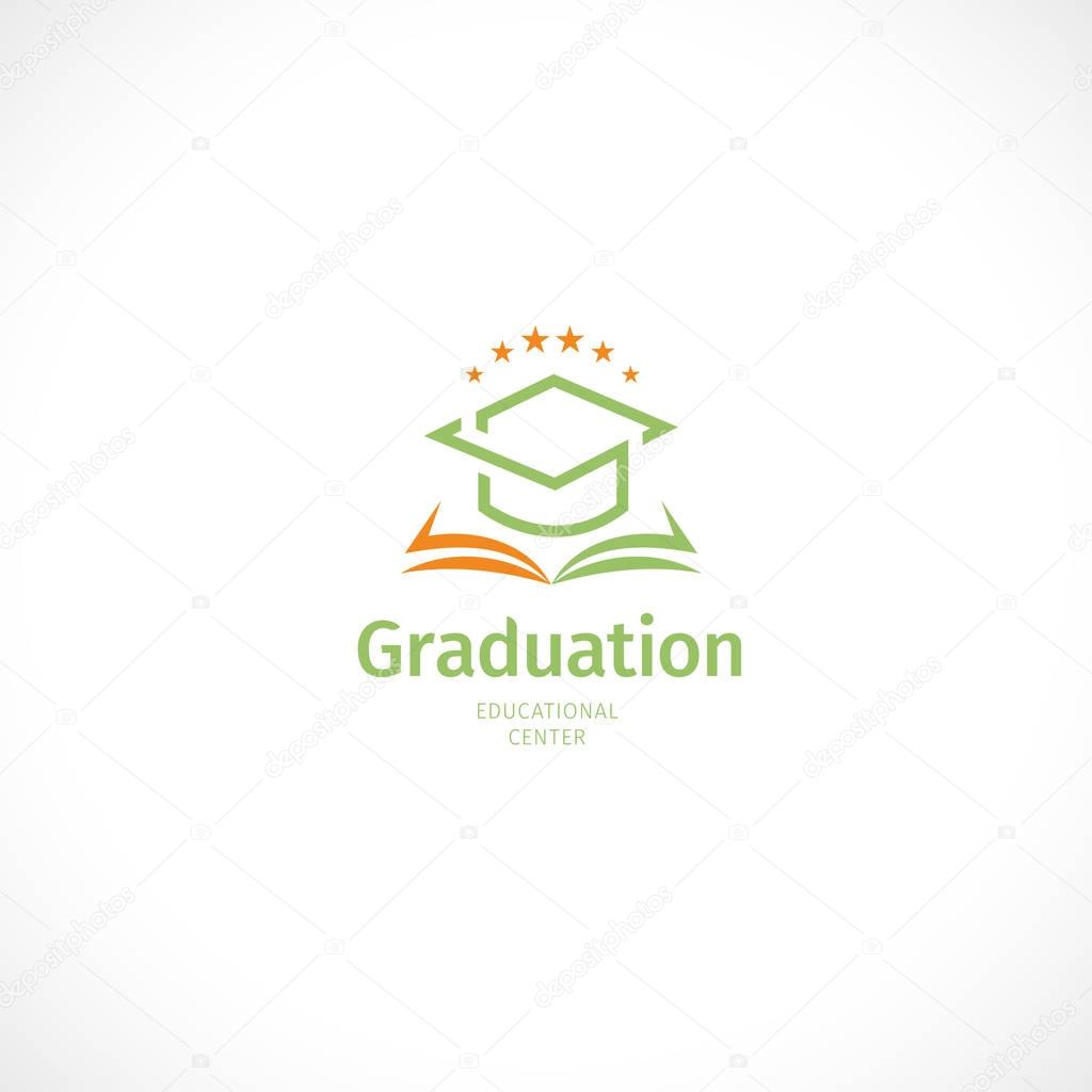 Isolated abstract orange and green color graduate hat logo, stylized mortarboard with open book,educational center logotype on white background
