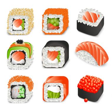 Renkli gerçekçi Japon yemekleri Icons set farklı suşi ve beyaz arka plan izole vektör çizim üzerinde rulo ile.