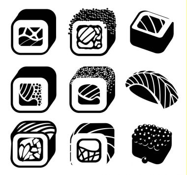 Tek renkli Japon gıda renk karikatür tarzı tasarım Icons set farklı suşi ve beyaz arka plan izole vektör çizim üzerinde rulo ile.