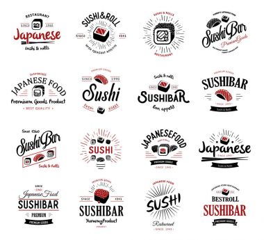 Vektör logolar ve Amblemler bir retro tarzı yazı ve simgeler ile Japon Gıda Restoran ve suşi, rulo, yemek çubukları, şekli için büyük bir set şerit ve ışınları. Etiket ve illüstrasyon grup.