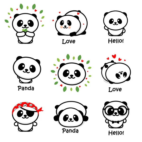 Niedlichen Panda asiatischen Bären Vektor Illustrationen, Sammlung chinesischer Tiere einfache Logo-Elemente, schwarz-weiße Symbole — Stockvektor