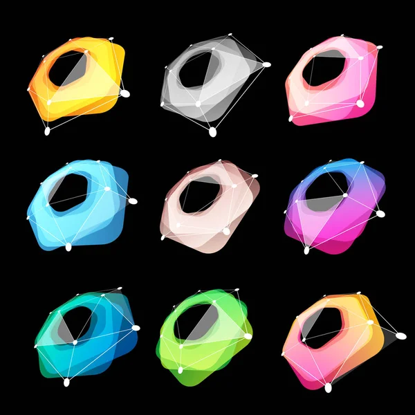 Ungewöhnliche abstrakte geometrische Formen Vektor-Logo-Set. runde, polygonale, farbenfrohe Logos auf schwarzem Hintergrund. Vektorillustration — Stockvektor