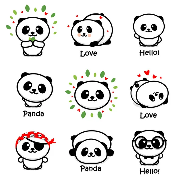 Cute Panda Asian Bear Vector Illustrations, Collection of Chinese Animals Simple Logo Elements, Black and White Icons Grafik Vektor