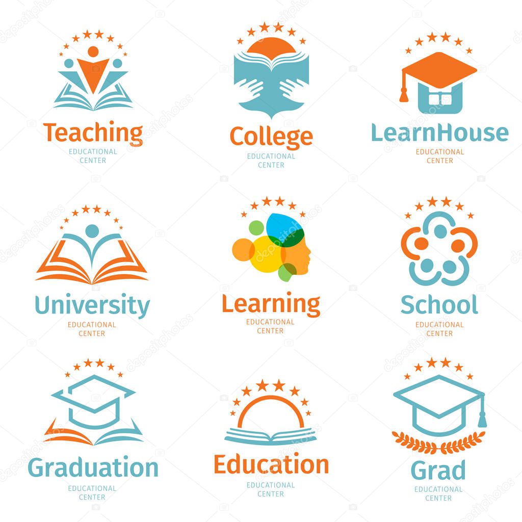 Isolated abstract colorful education and learn logo set, university and school books, graduate hats and human silhouettes logotypes collection on white background vector illustration. Teaching symbols