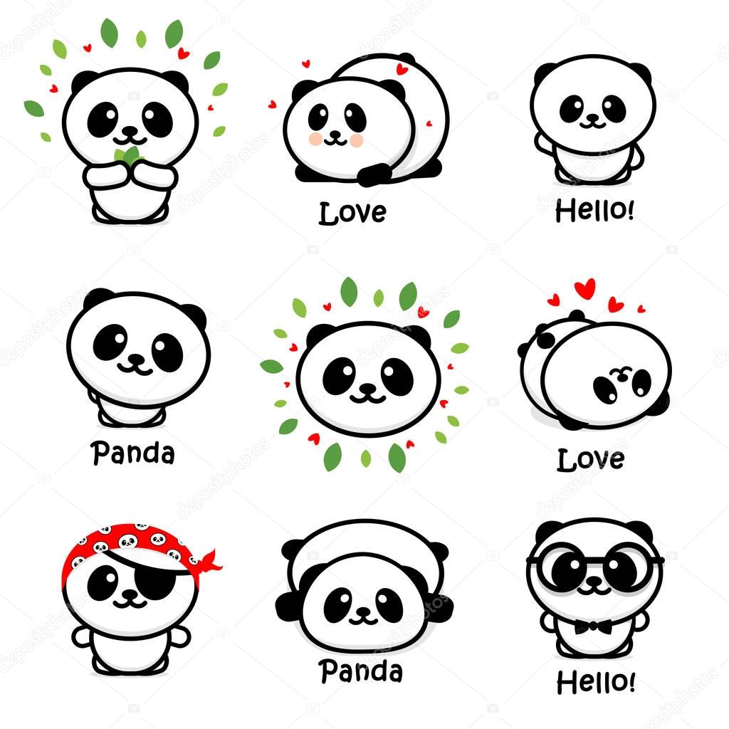 Cute Panda Asian Bear Vector Illustrations, Collection of Chinese Animals Simple Logo Elements, Black and White Icons