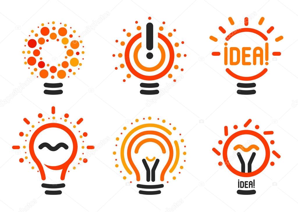 Stylized set of vector lightbulbs with line, dots, beam. New idea symbols collection colorful logotypes. Flat abstract bright cartoon bulbs. White, black, orange colors sign. Idea icon, circle logo