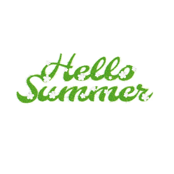 Gruß der Sommersaison. Schriftzug mit dem Bild von Buchstaben in Form eines Rasens mit Blumen und der Aufschrift Sommer, hallo Vektorillustration — Stockvektor