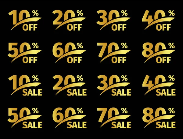 Golden numbers with percentage on a black background. Promotional business offer for buyers. The number of discounts in the strict style gold color. Vector illustration set — Stock Vector