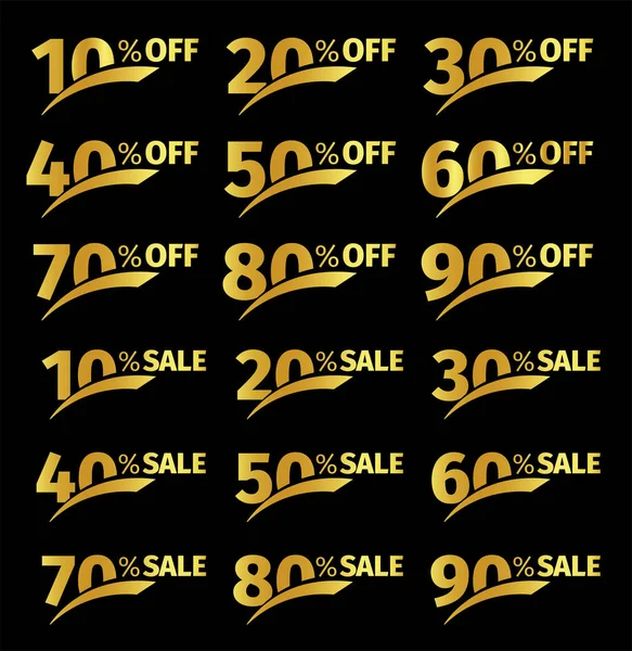 Golden numbers with percentage on a black background. Promotional business offer for buyers. The number of discounts in the strict style gold color. Vector illustration set — Stock Vector