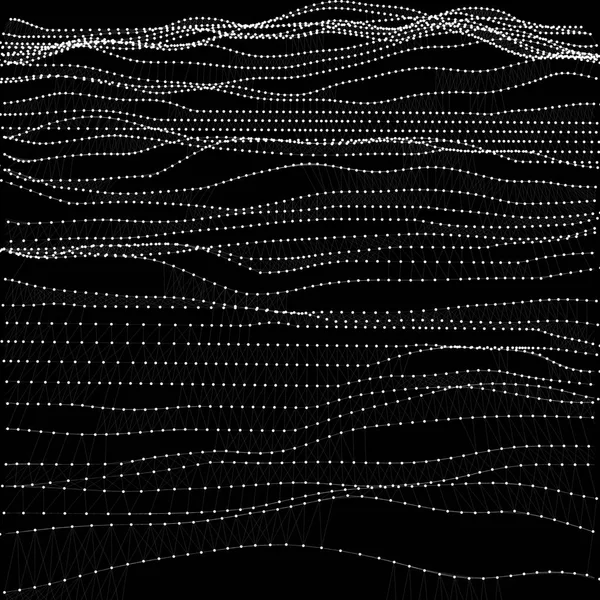 Дизайн монохромной цифровой многоугольной текстуры океанских волн. Белая сетка на черном фоне. Векторная иллюстрация. Бизнес-шаблон. Серфинг . — стоковый вектор