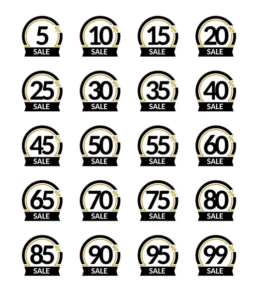 Advertising Sale and discount in percent vector sign set. Promotion Stylish logo design under the black and gold arch with text about the percent off on the tape. — Stock Vector