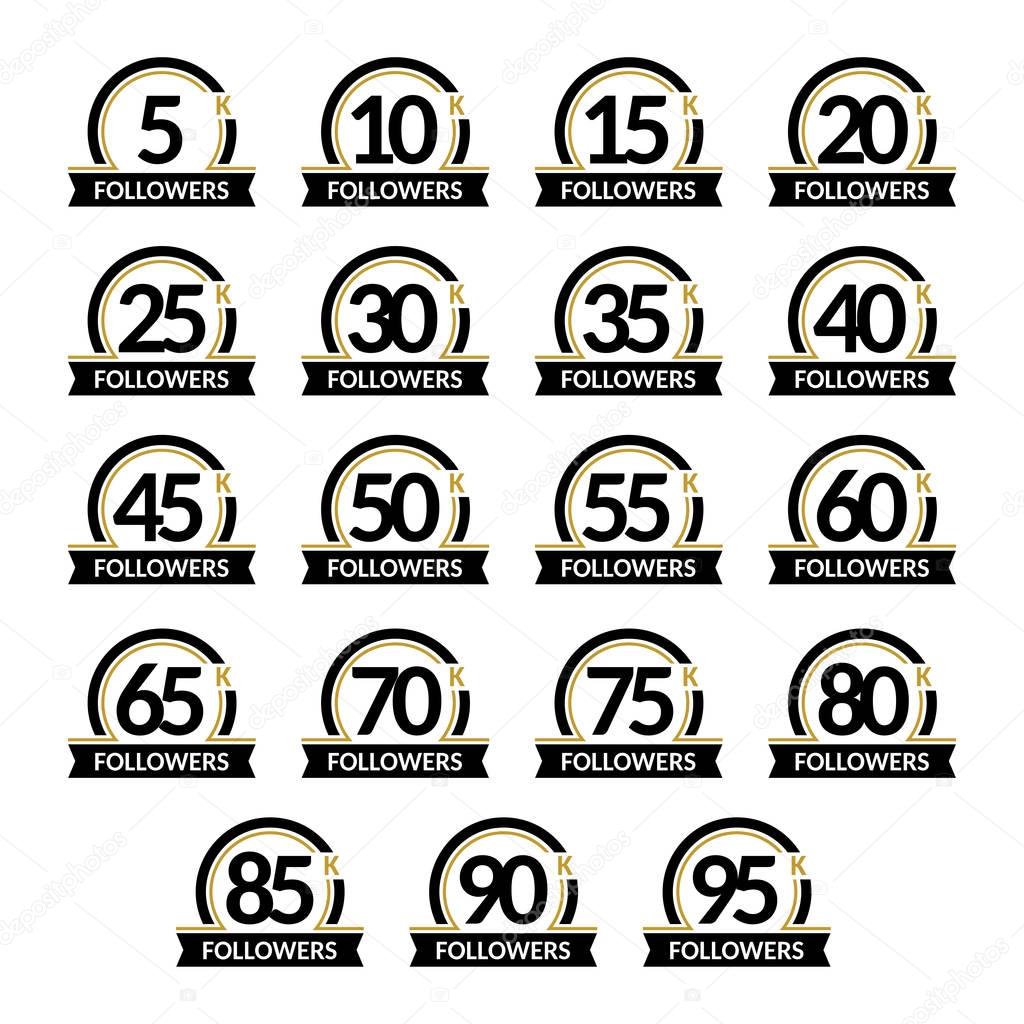 Jubilee for celebration. Number of followers, vector set of signs in a round frame with ribbon. Accurate design in black and gold colors.