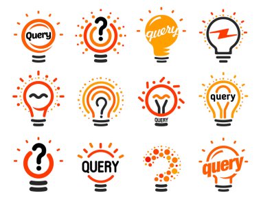 New question mark symbols, flat bright cartoon bulbs. White and orange colors sign. Stylized set of vector lightbulbs, collection colorful logotypes. Query icon, circle logo clipart