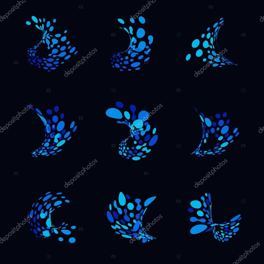 Abstract logos from dots in the form of an ocean wave. Set of blue icons from distorted dots. Liquid splash vector illustration