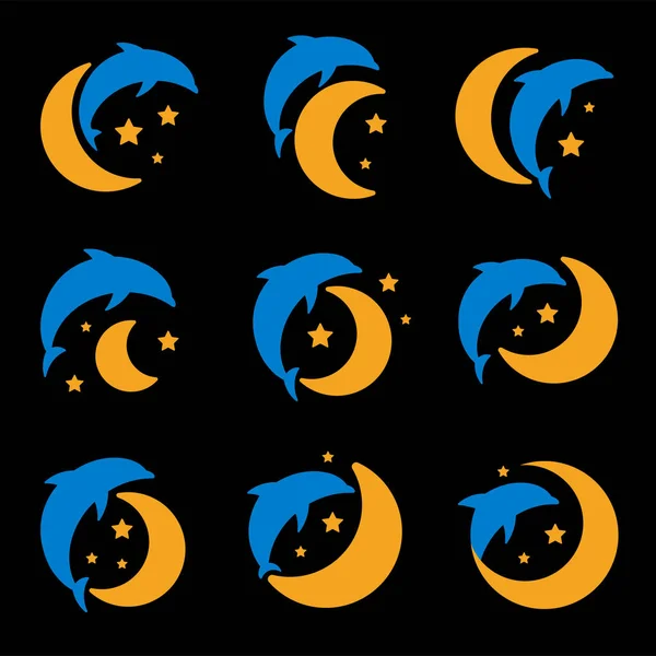 青いイルカ、黄色の月と星空のロゴが黒の背景に設定。子供の夜の光、睡眠のベクトル図. — ストックベクタ
