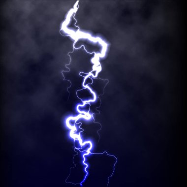 Lightning flash light thunder spark on black background with clouds. Vector spark lightning or electricity blast storm or thunderbolt in sky. Natural phenomenon of human nerve or neural cells system clipart
