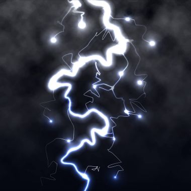 Lightning flash light thunder spark on black background with clouds. Vector spark lightning or electricity blast storm or thunderbolt in sky. Natural phenomenon of human nerve or neural cells system clipart