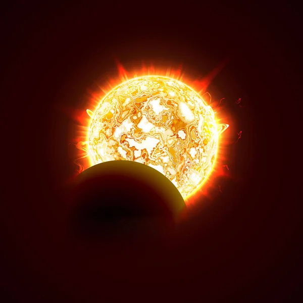 Neue Sonnenfinsternis Vektor Illustration, 3d hell sonnigen Sommertag. Hälfte der Sonne realistisches Bild. — Stockvektor