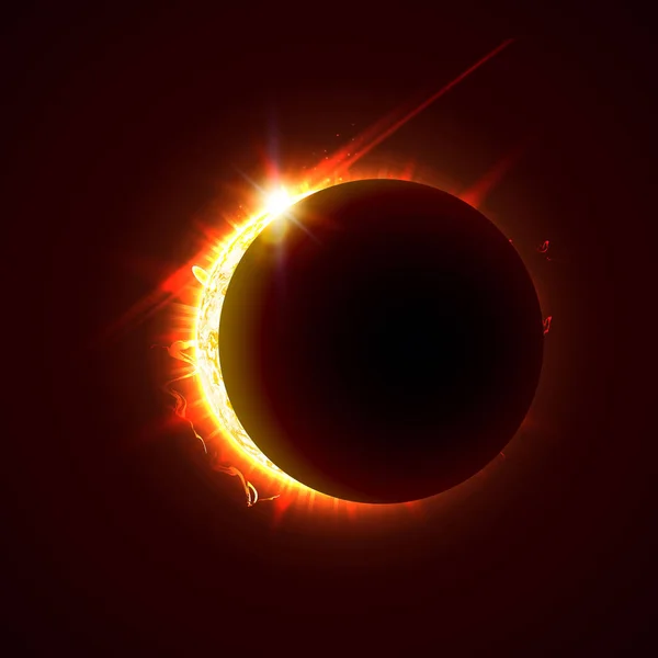 Nuevo sol eclipse vector ilustración, 3d brillante día de verano soleado. La mitad del sol imagen realista . — Vector de stock