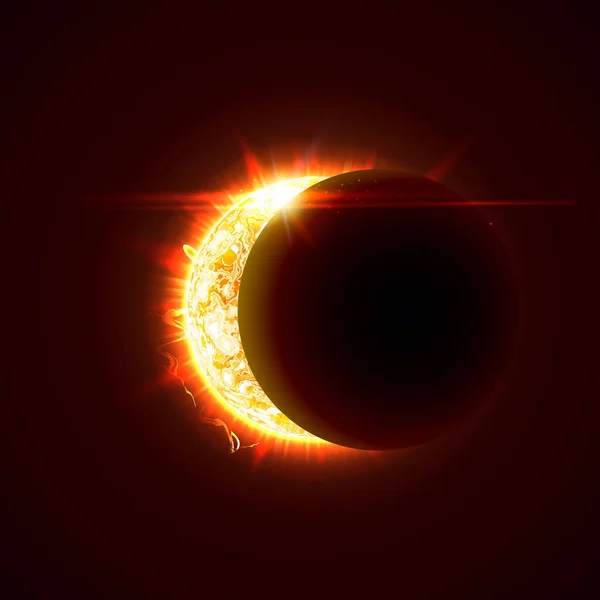 Nuevo sol eclipse vector ilustración, 3d brillante día de verano soleado. La mitad del sol imagen realista . — Archivo Imágenes Vectoriales