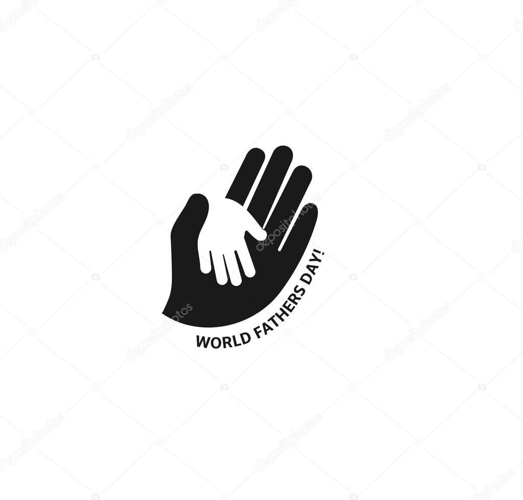 Holding Hand of a child in the hand of an adult vector logo. World Father Day. Symbol of care, kindness, family, children, parents.