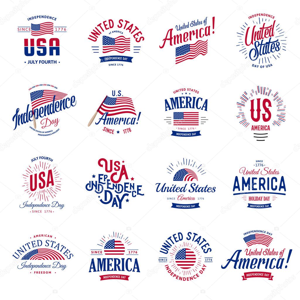 United States of America Vector Logos Vintage set. Independence day national holiday icons collection Blue and red colors USA windy flags. Retro style lettering