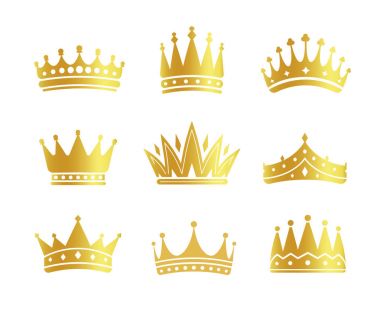 İzole altın renk kron logo toplama beyaz arka plan üzerinde lüks royal işareti illüstrasyonlar set vektör