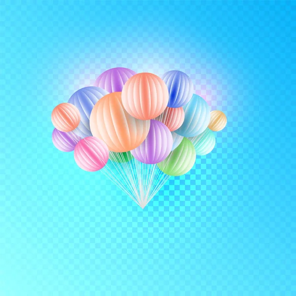 Origami Paper Art colorido Bando de Balões de Aniversário Voando para Festa e Celebrações Isolados em Fundo Azul Checkered. Ilustração vetorial — Vetor de Stock