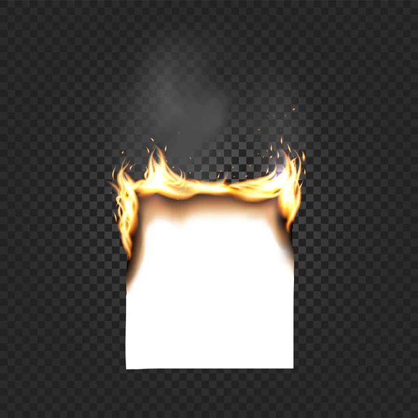 Burning Paper Sheet A4 Edges Close up Isolated on Black Checkered Background. A smoking sheet of paper with fire vector illustration. — Stock Vector