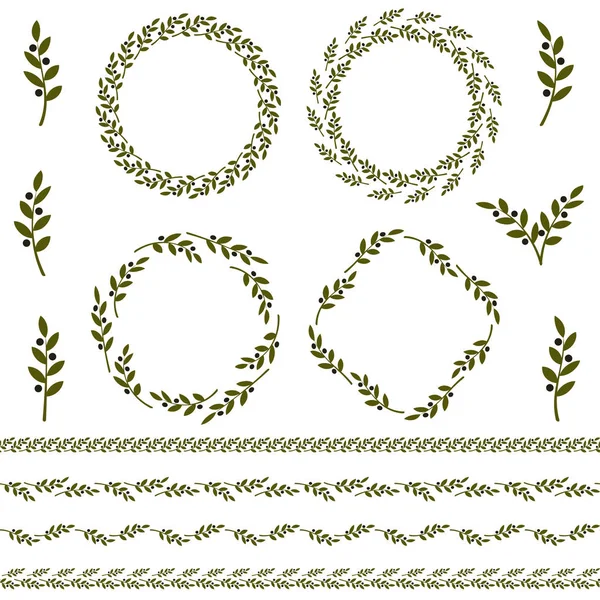 Set di logo verde ramo d'ulivo vettoriale e ornamento. Segno di olio di oliva. Segno religioso greco. Icona mitologica.Etichetta dei prodotti sani. Cosmetici biologici. Eco food ed elemento naturale illustrazione vettoriale — Vettoriale Stock