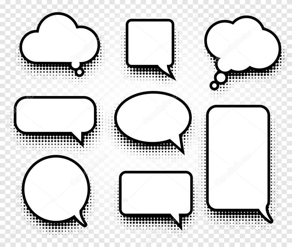 Isolated abstract black and white color comics speech balloons icons collection on checkered background, dialogue boxes signs set,dialog frames vector illustration