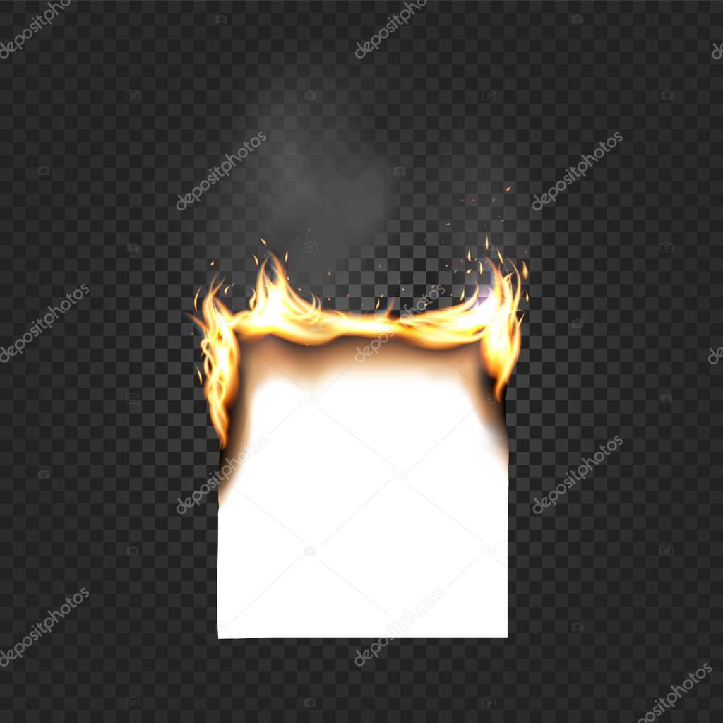 Burning Paper Sheet A4 Edges Close up Isolated on Black Checkered Background. A smoking sheet of paper with fire vector illustration.