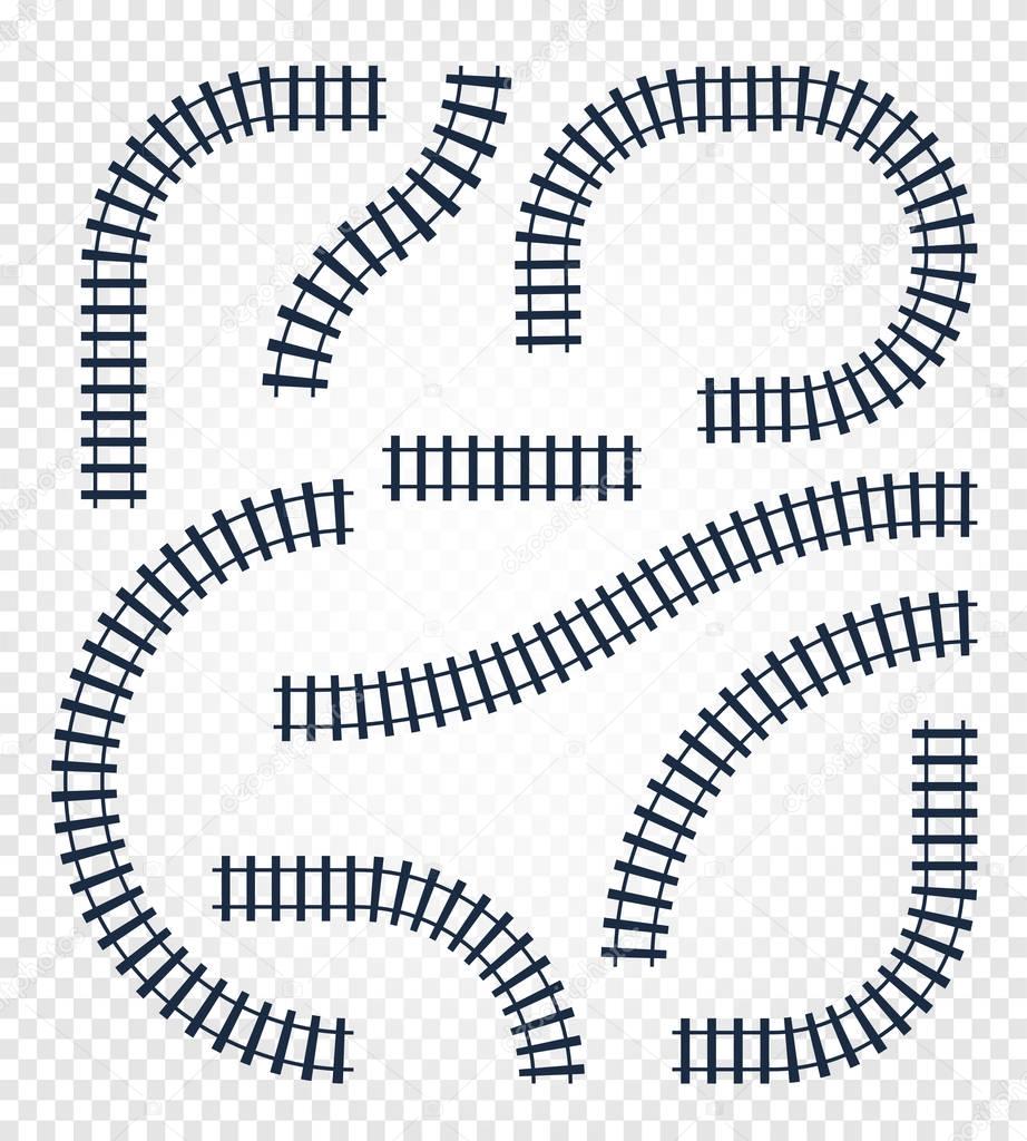 Isolated curvy and straight rails set, railway top view collection, ladder elements vector illustrations on white background