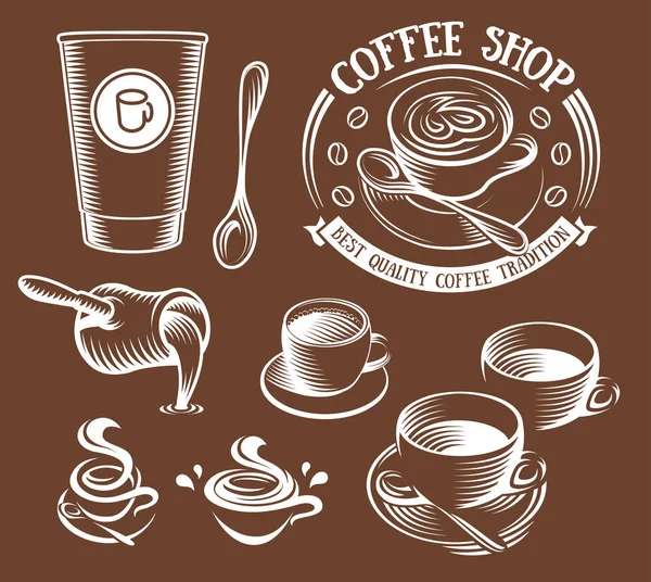 Copo de cor marrom isolado no conjunto de logotipos estilo retro, coleção de logotipos para ilustração de vetor de café . — Vetor de Stock