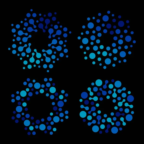 Ensemble de logo isolé abstrait de forme ronde de couleur bleue, collection de logotypes en pointillés, illustration vectorielle d'élément d'eau sur fond noir — Image vectorielle