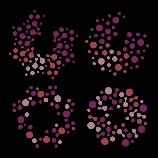 Conjunto de logotipo de color lila de forma redonda abstracta aislada, colección estilizada punteada del logotipo del sol en la ilustración del vector de fondo negro — Archivo Imágenes Vectoriales
