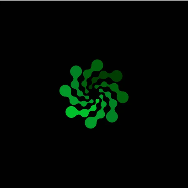 Logotipo de forma redonda de cor verde abstrato isolado no fundo preto, logotipo de redemoinho pontilhado plano simples, ilustração de vetor de flor —  Vetores de Stock