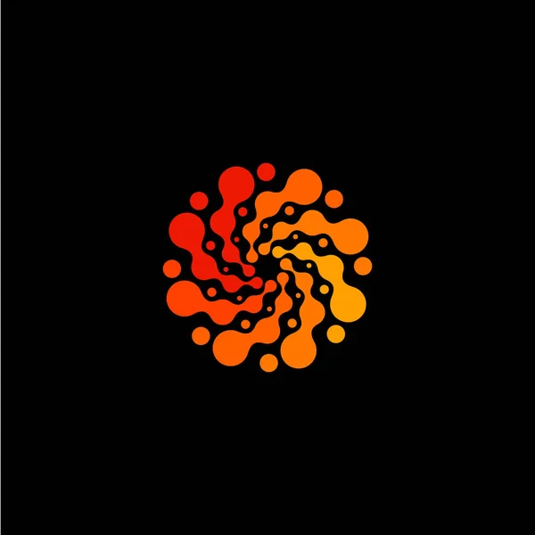 Forma redonda abstrata isolada logotipo da cor laranja, logotipo estilizado pontilhado do sol no fundo preto, ilustração do vetor do redemoinho —  Vetores de Stock